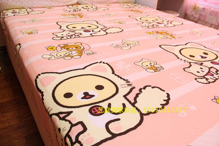 全棉卡通小熊床单 轻松熊萌萌桔粉色条纹小猫咪 可订做