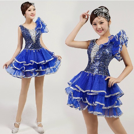现代舞蹈服装新款时尚青春亮片短裙广场舞演出服女蓬蓬裙成人蓝色