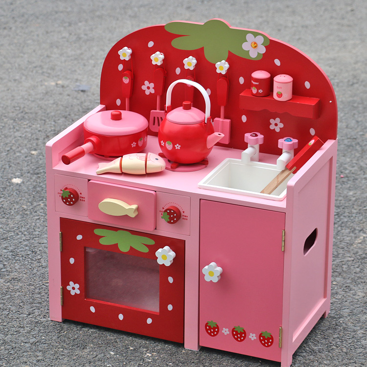 红草莓公主灶台套装儿童木制过家家仿真厨房做饭玩具女孩生日礼物