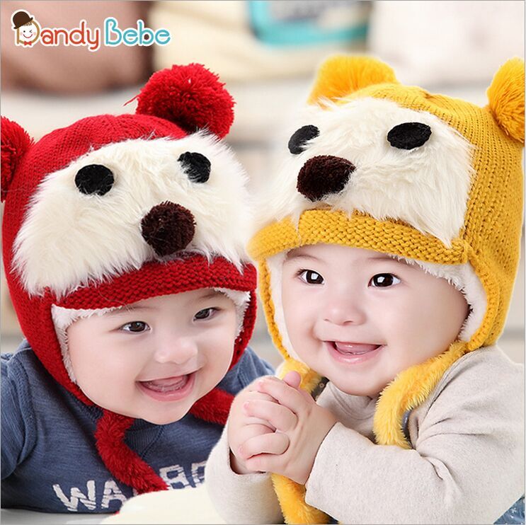 dandybebe韩版宝宝套头帽冬季新款帽 婴儿 儿童帽子毛线小熊加绒