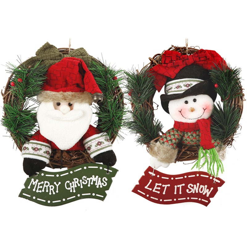 爱新奇 毛绒圣诞花环藤圈 圣诞老人雪人花圈圣诞节橱窗门面装饰品
