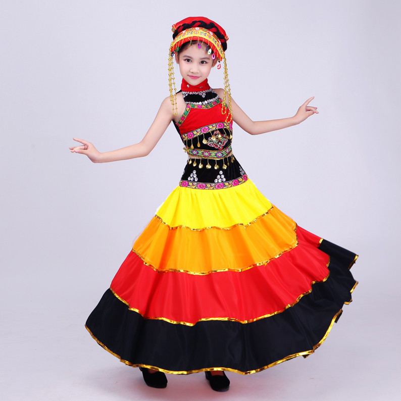 六一少儿彝族舞蹈服装大摆裙开场舞台表演服火把节民族演出服饰