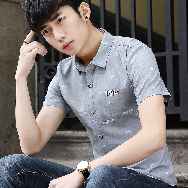 夏季男士短袖寸衫青少年潮衬衫免烫韩版修身休闲学生口袋半袖衬衣