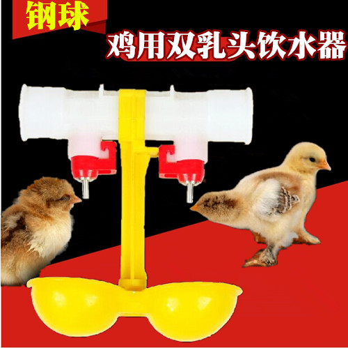 鸡用钢球双乳头饮水器无需打孔鸡用自动饮水器带节水吊杯养鸡设备