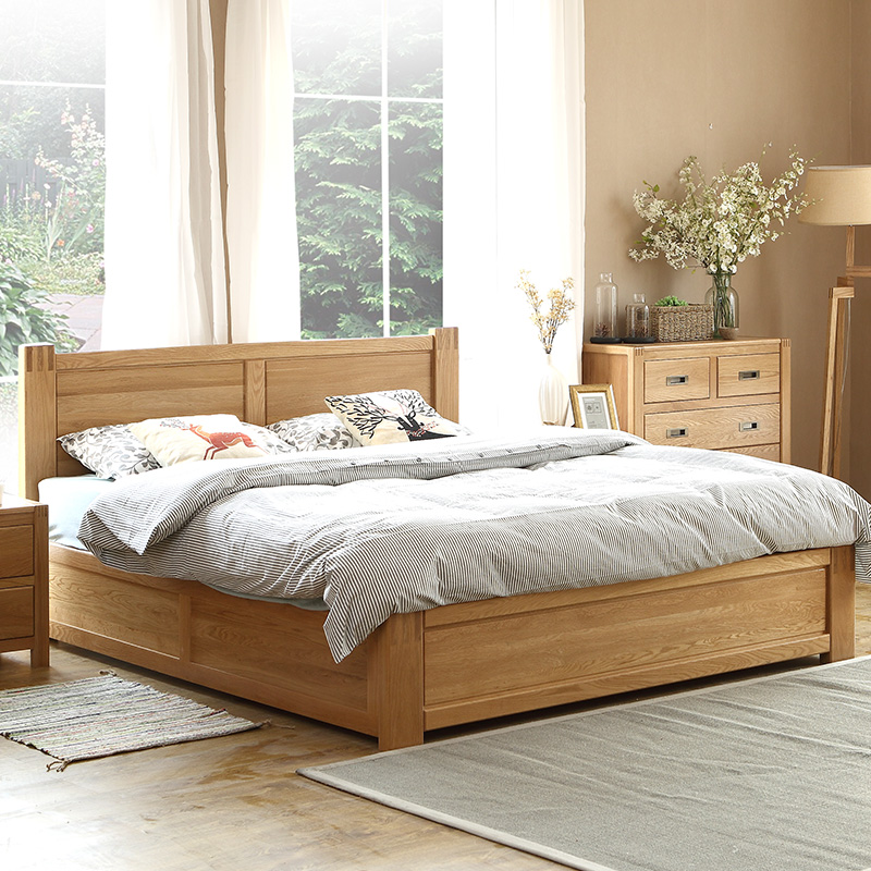 喜之林全实木床大床双人床白橡木现代简约卧室床高箱床箱体床家具