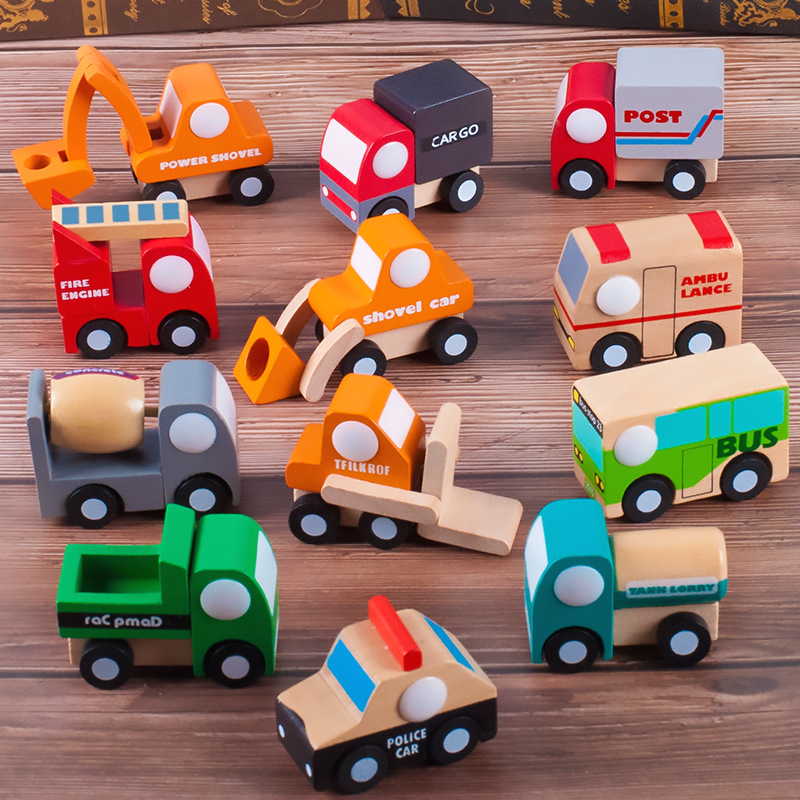 木质儿童益智玩具小车飞机模型十二件婴幼儿认知早教积木1-2-3岁