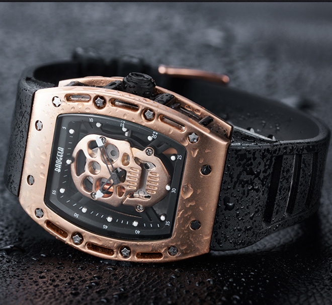 宝格拉潮流时尚骷髅头手表镂空休闲表运动防水男表硅胶带男士手表
