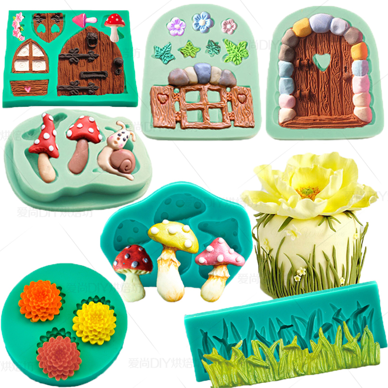 DIY硅胶翻糖巧克力手工皂黏土模具童话中的小木屋蘑菇草丛小蜗牛