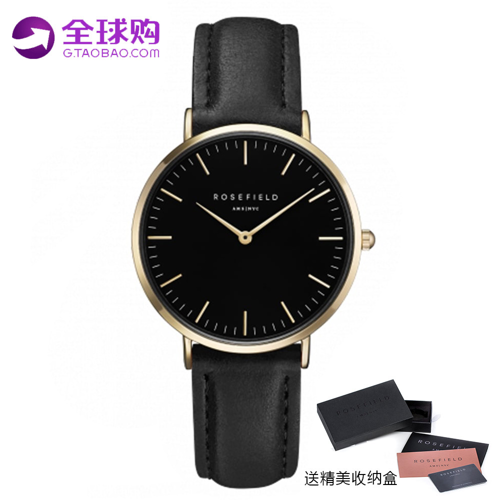 ROSEFIELD精品手錶 TheTribeca系列黑色皮革錶帶金錶框黑錶盤33mm