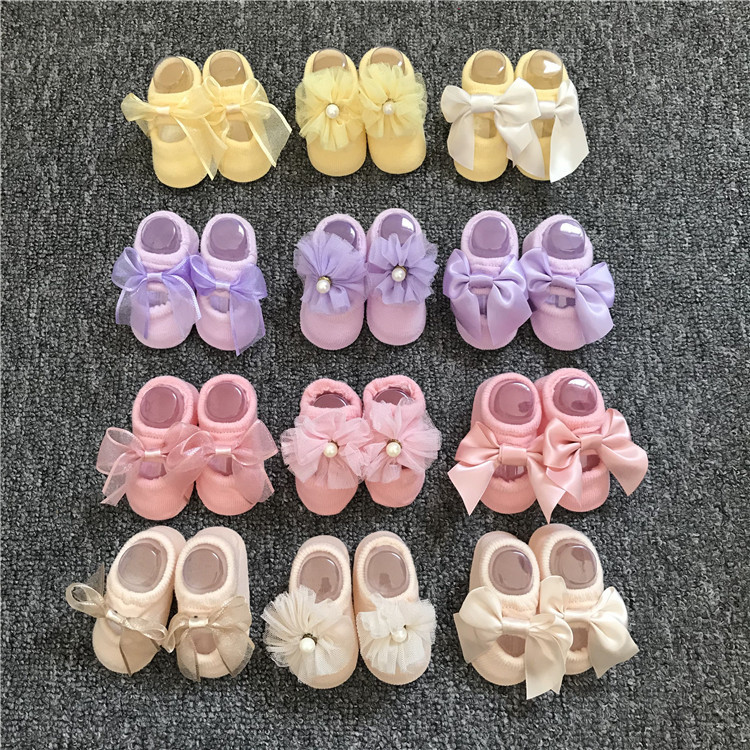婴儿袜薄款夏季Q8宝宝珠珠花朵新生儿粉色女童蝴蝶结小童公主袜子