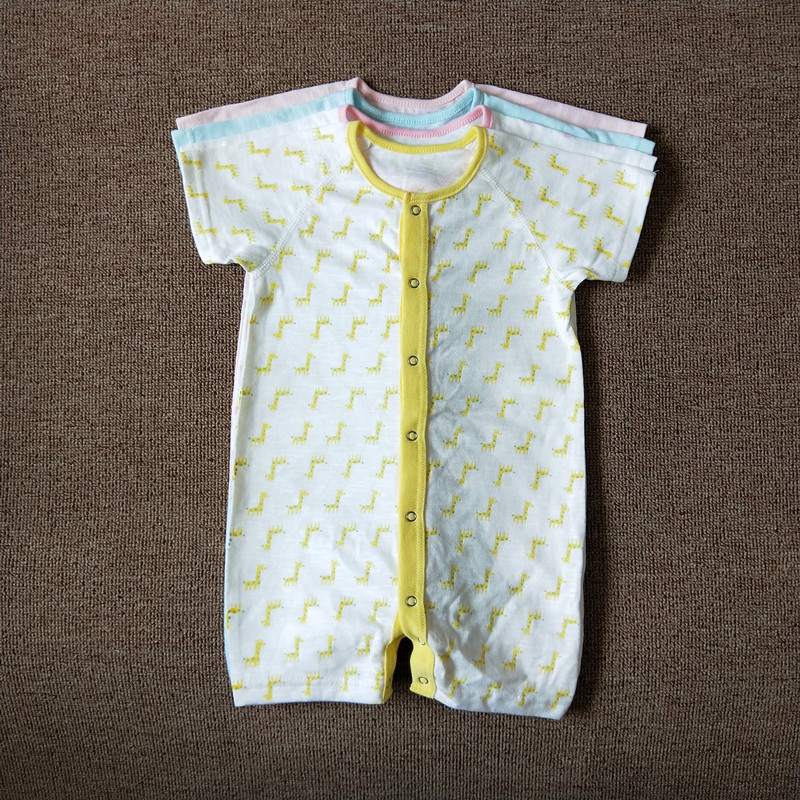 夏季外贸日系新生婴儿竹节棉短袖平角爬服 男女宝宝对开扣连体衣