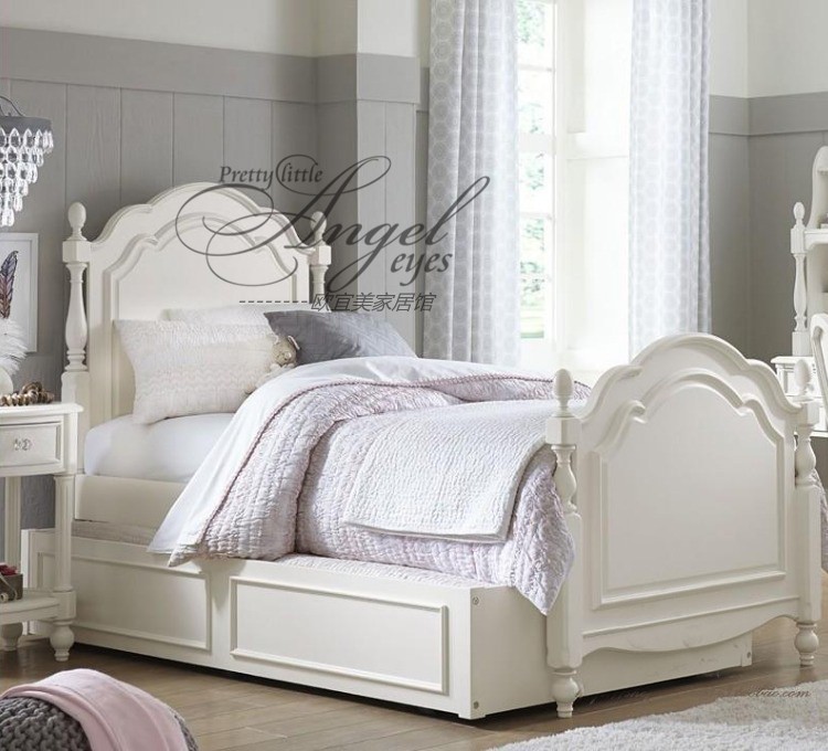 美式实木雕刻白色儿童床法式仿古男/女孩卧室带储物箱床可定制