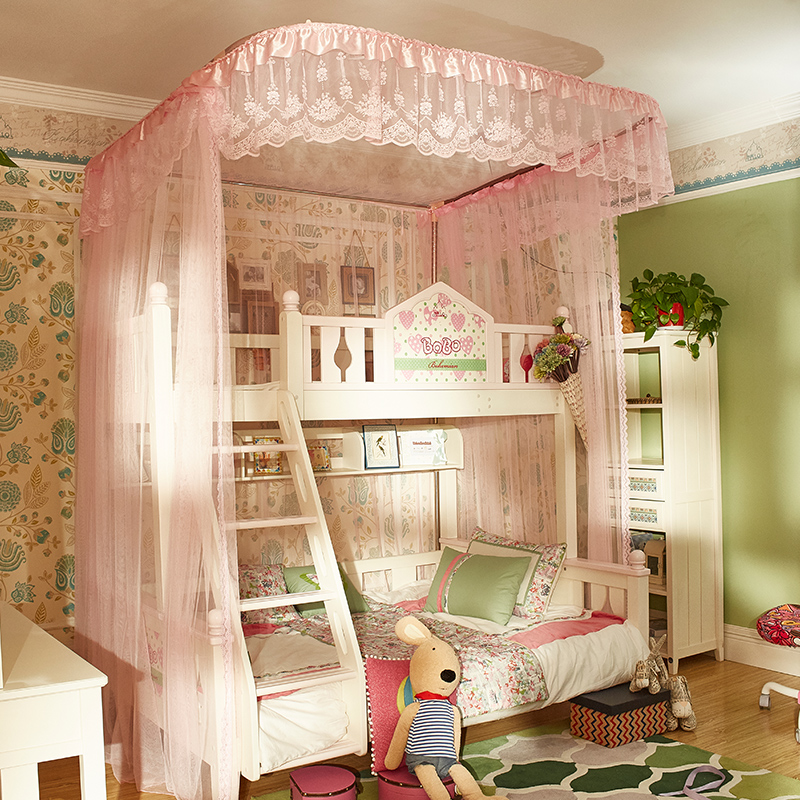 儿童子母床蚊帐u型导轨落地式双层高低梯柜床上下铺蚊帐1.35m1.5m