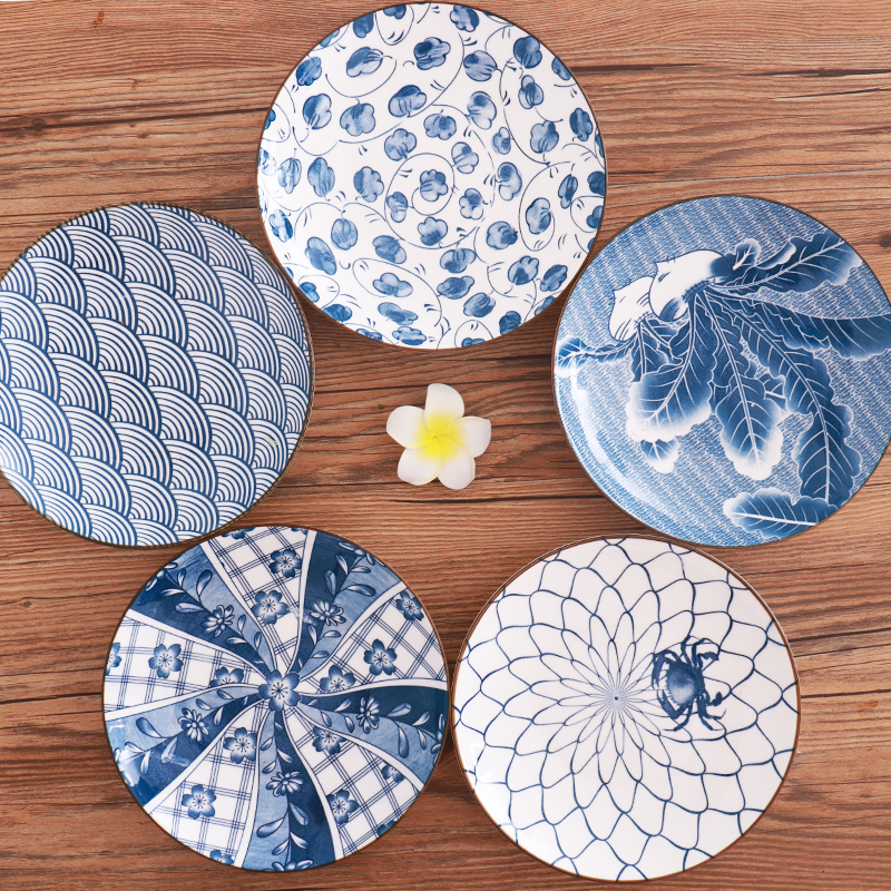 包邮日式和风创意釉下彩陶瓷餐盘家用圆形深菜盘碟子复古青花盘子