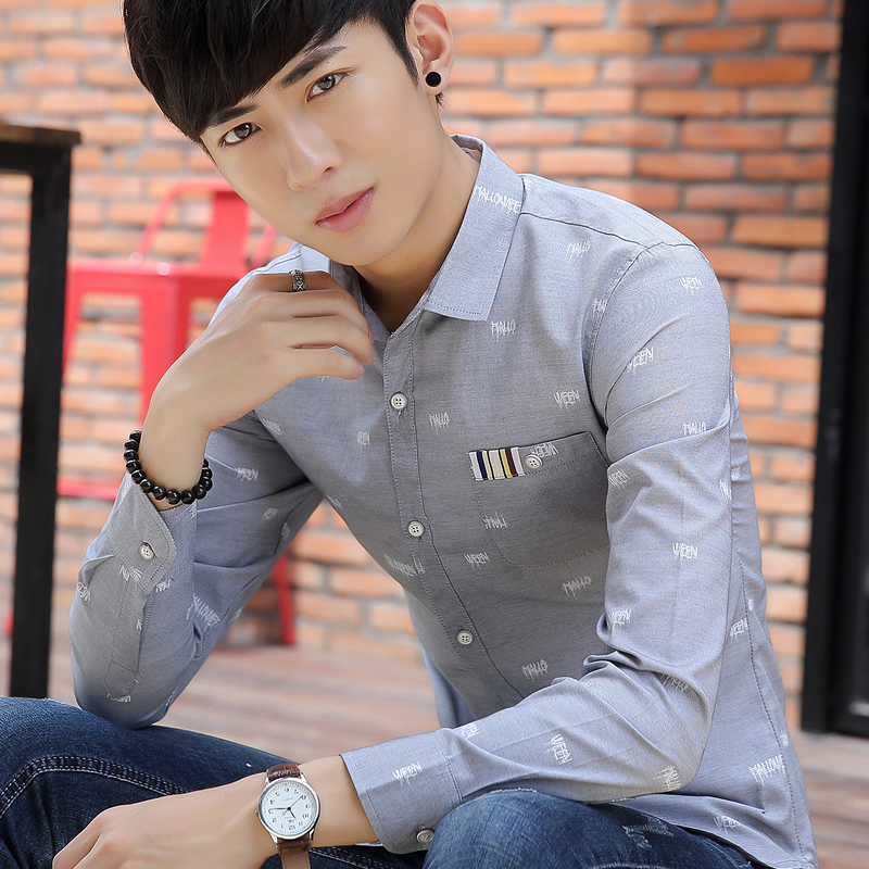 春季青年韩版时尚长袖衬衣男士潮印花流行寸衫学生休闲修身衬衫