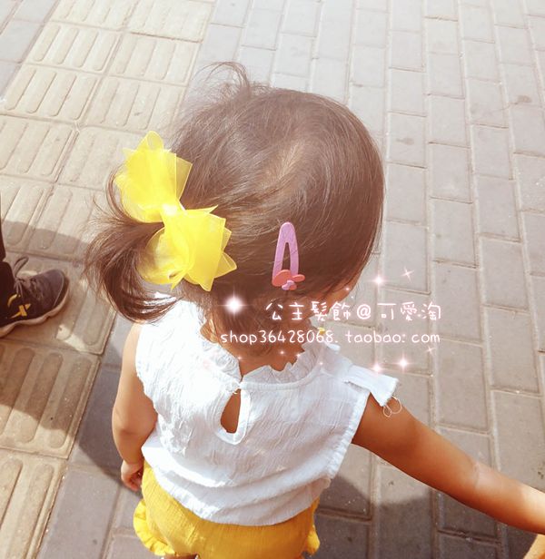 可爱淘纯手女孩发饰 夏日雪纱气质头饰儿童顶夹 黄色蝴蝶结发夹