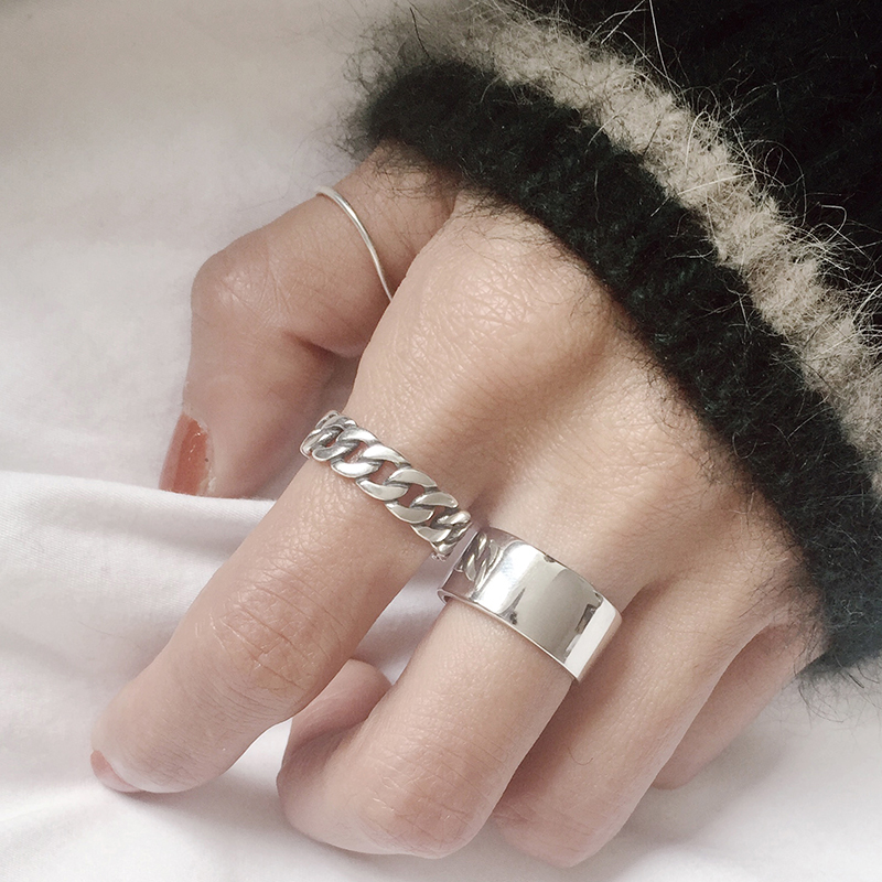 韩国简约复古做旧925纯银烧银工艺链条麻花戒指开口戒指环