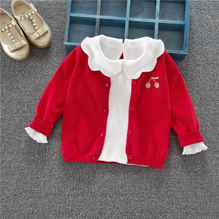 洋气小童女童春秋毛衣外套儿童针织衫红色宝宝外搭开衫婴儿女薄款