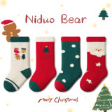 尼多熊2021婴儿袜子冬加厚加绒纯棉圣诞袜中长筒宝宝袜冬季保暖袜